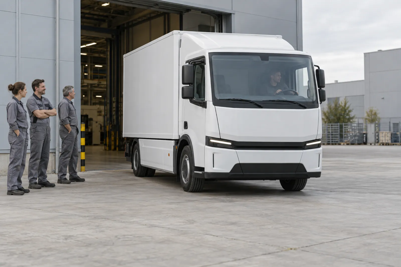A new electric truck rolls out of a factory hall into daylight while three workers in grey overalls watch it go