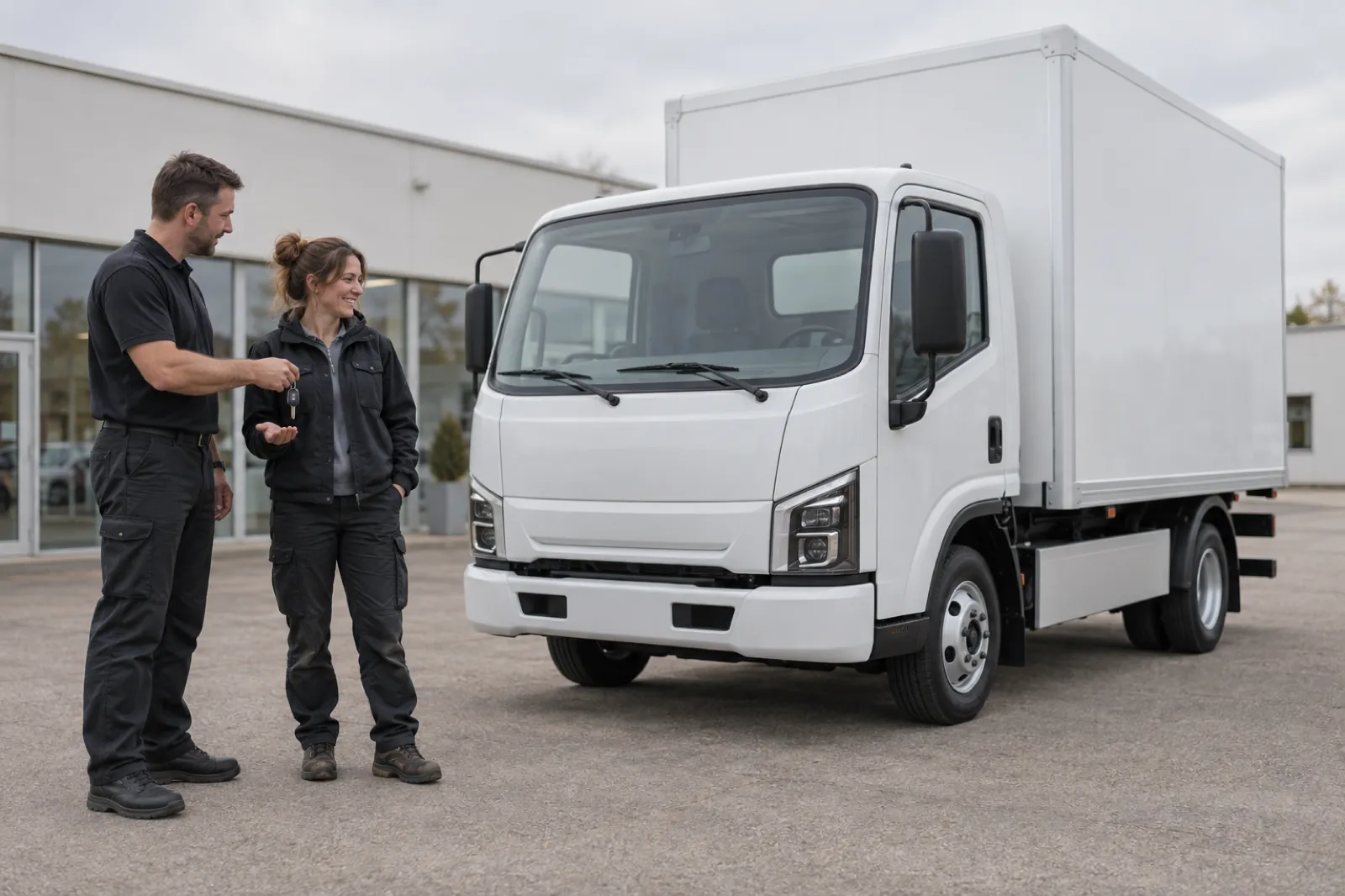 A dealer hands the keys of a new electric light truck to its owner on the dealer's forecourt, she is smiling