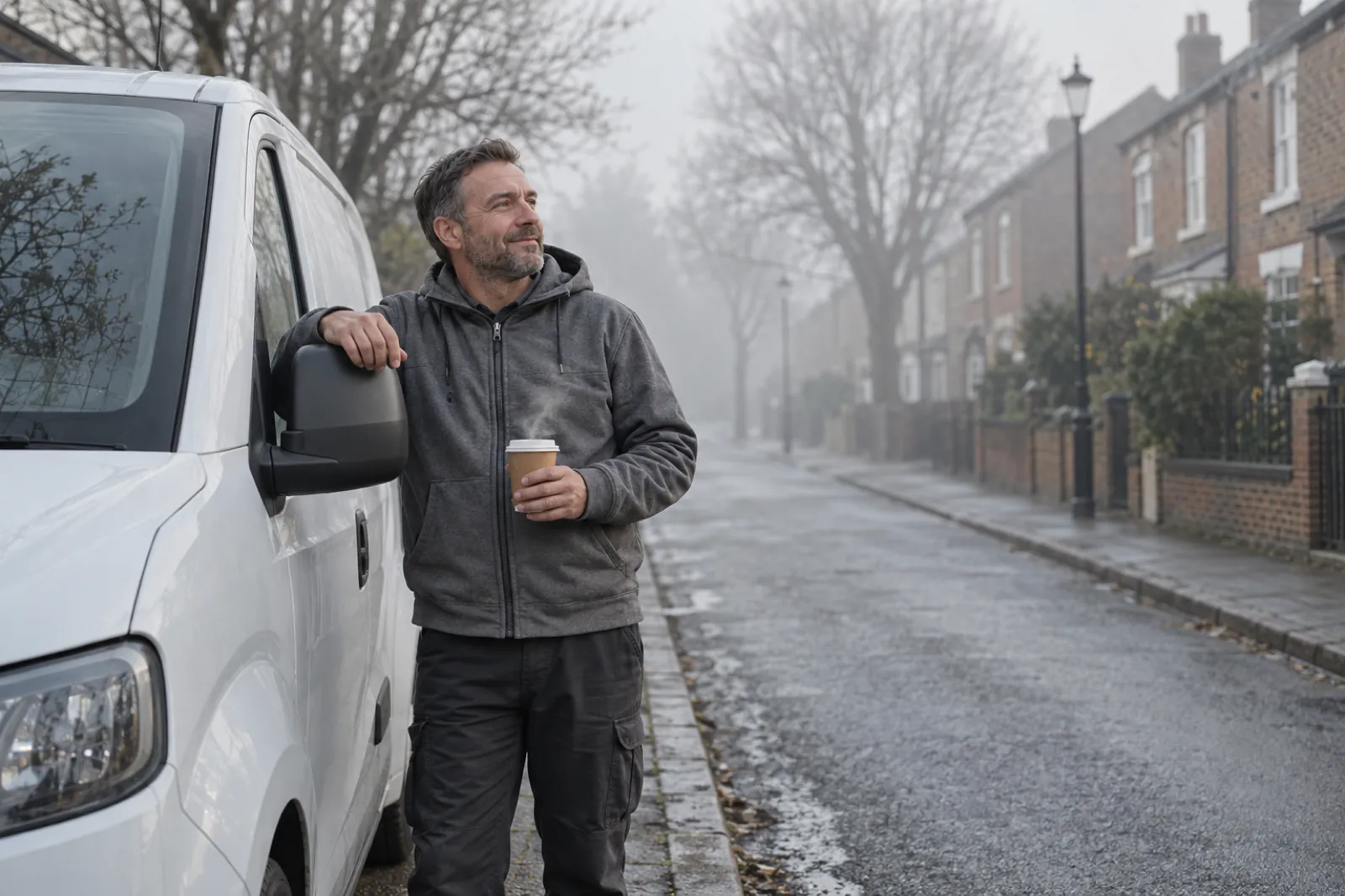 A delivery driver leans on his van early in the morning with a coffee, looking up the street
