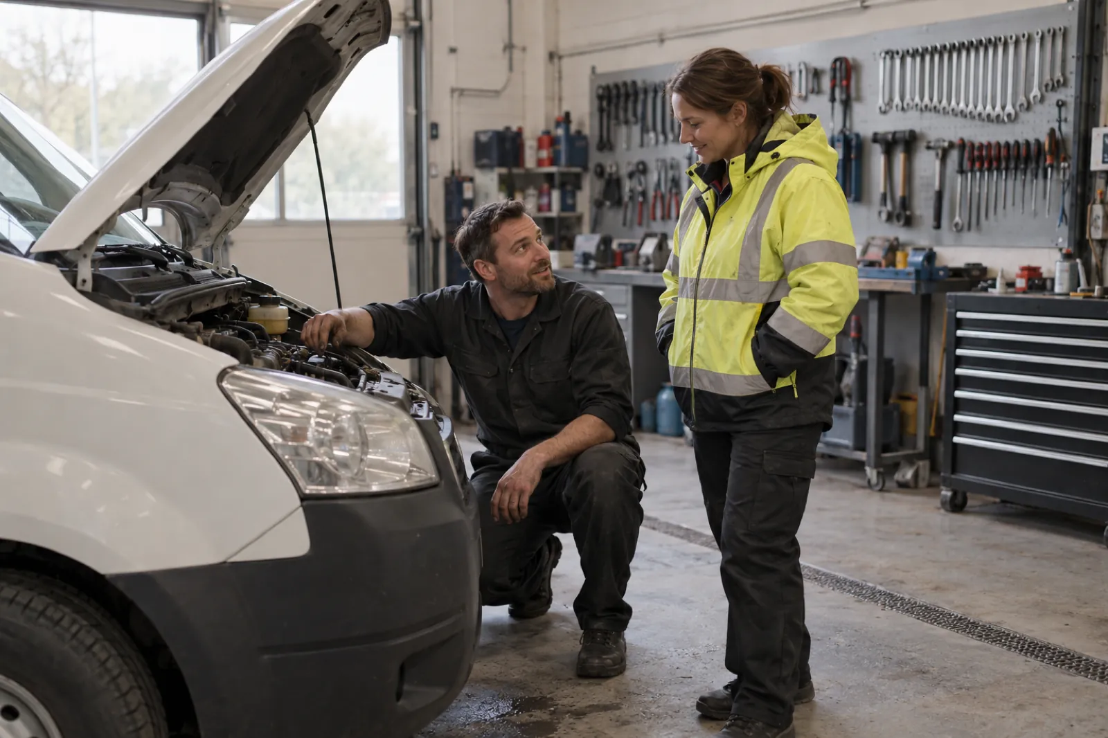 A technician and a driver smile at each other beside an open engine bay in a workshop
