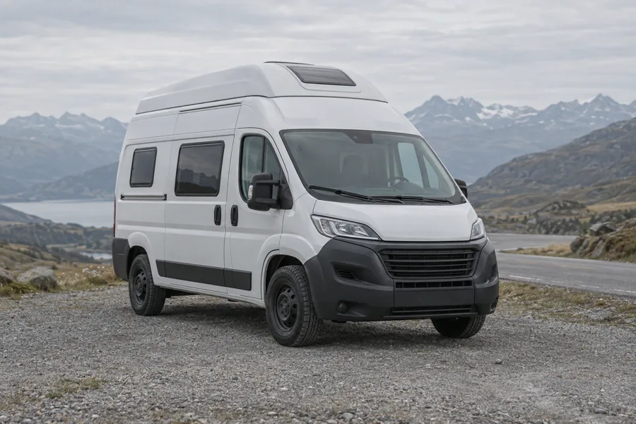A campervan parked beside an empty mountain road under overcast light