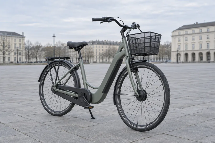 A city e-bike standing on an empty square under overcast light