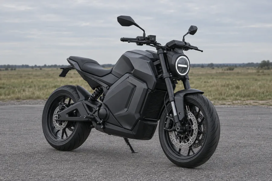 An electric motorcycle standing on an empty road under overcast light