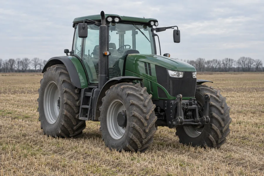 A farm tractor standing at the edge of a harvested field under overcast light