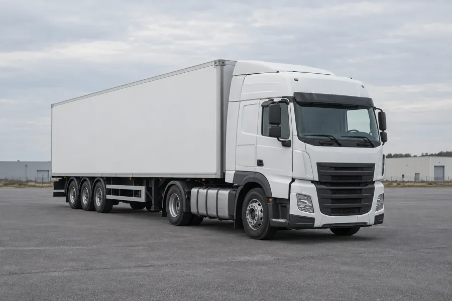 An articulated truck with an unmarked trailer standing on an empty yard under overcast light