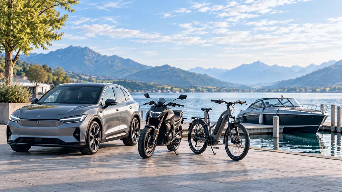 A car, a motorcycle, an e-bike and a boat side by side at a lakeside jetty