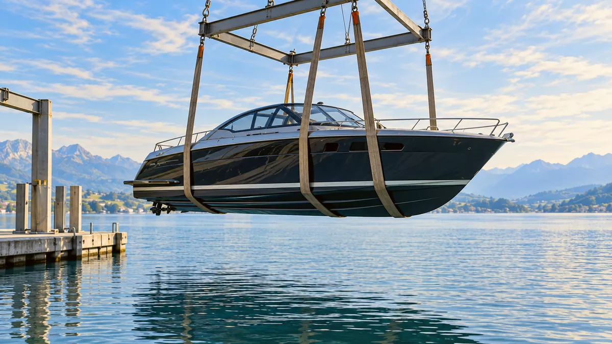 A boat lowered into the lake in a lift sling