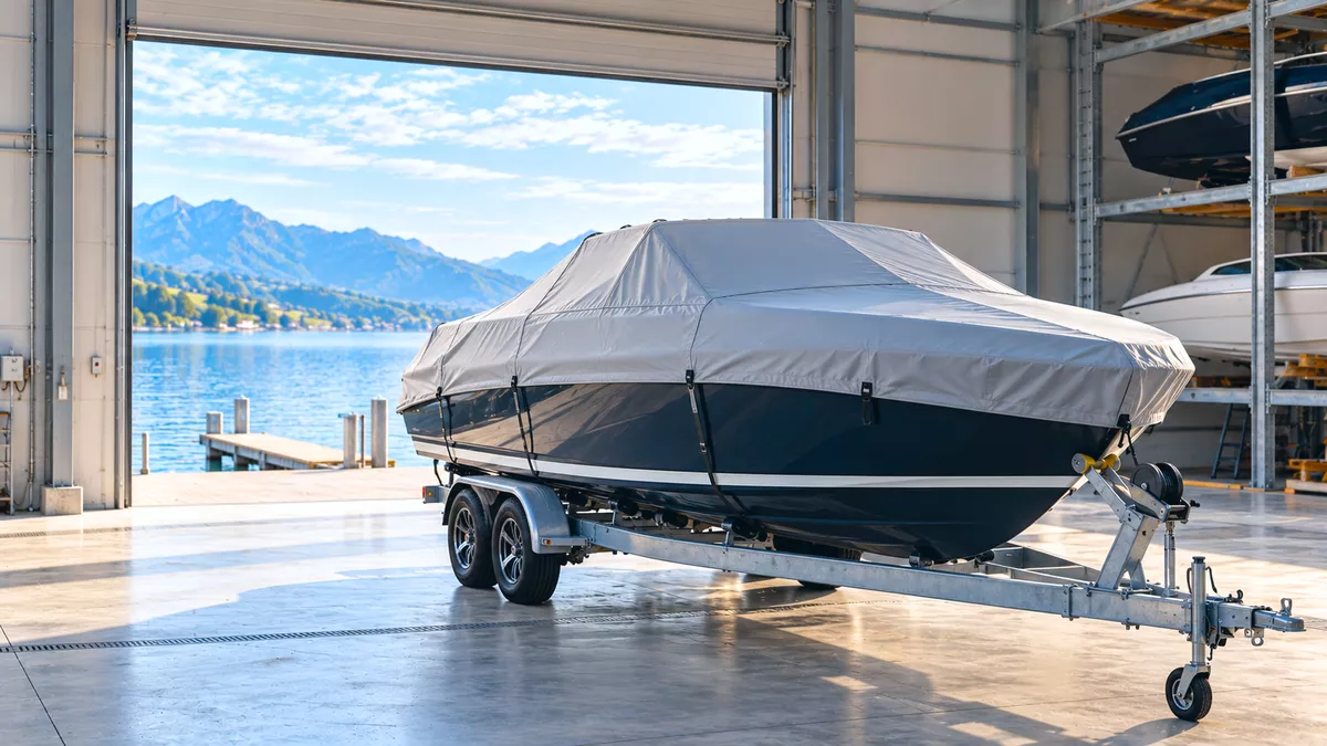 A covered boat on its trailer in a storage hall