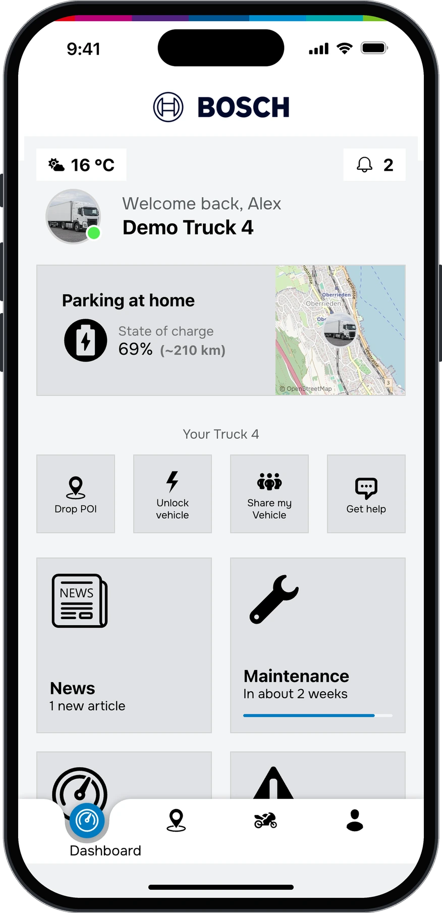 Driver app: Demo Truck 4 parking at home with the state of charge, maintenance in about two weeks and a help button