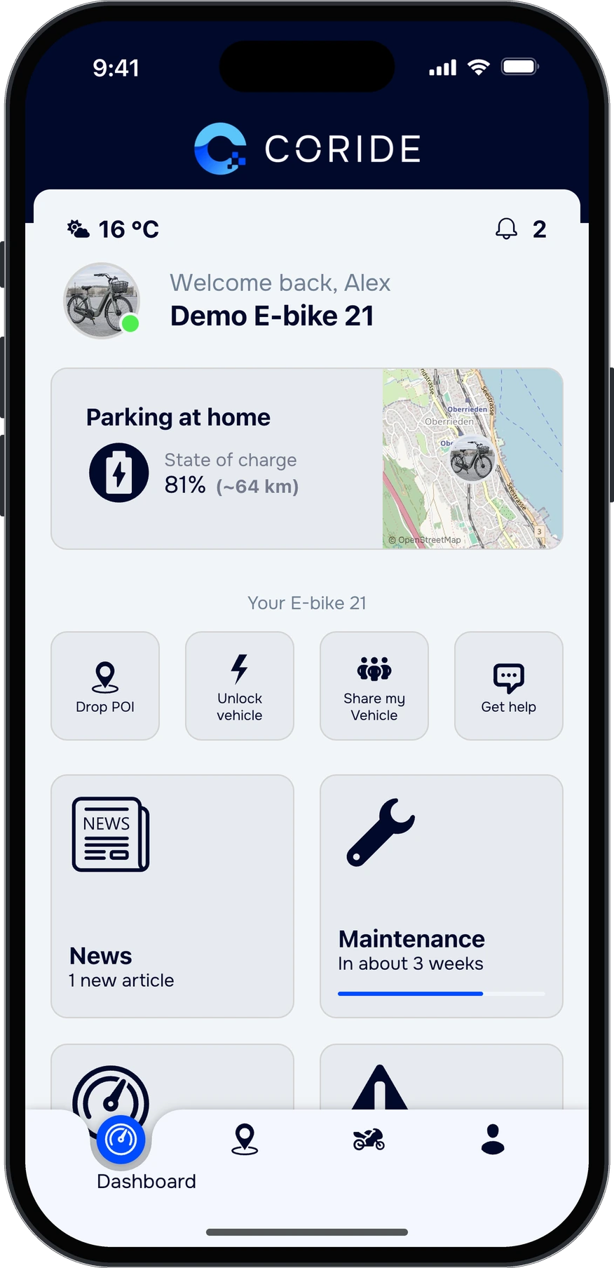 The driver app on an e-bike: charge, position and the quick actions