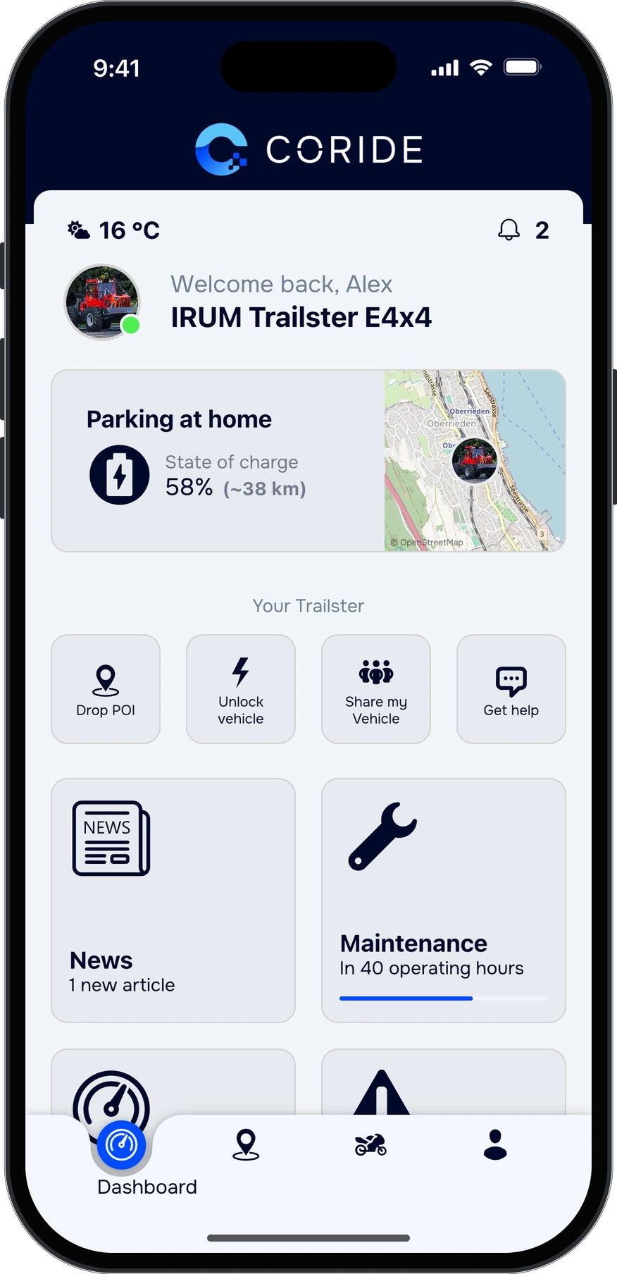 Driver app: the Trailster E4x4 parked at home with 58 percent charge, maintenance in 40 operating hours and a help button