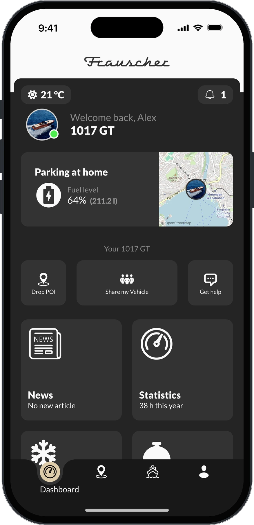 Driver app under the Frauscher brand, on a boat