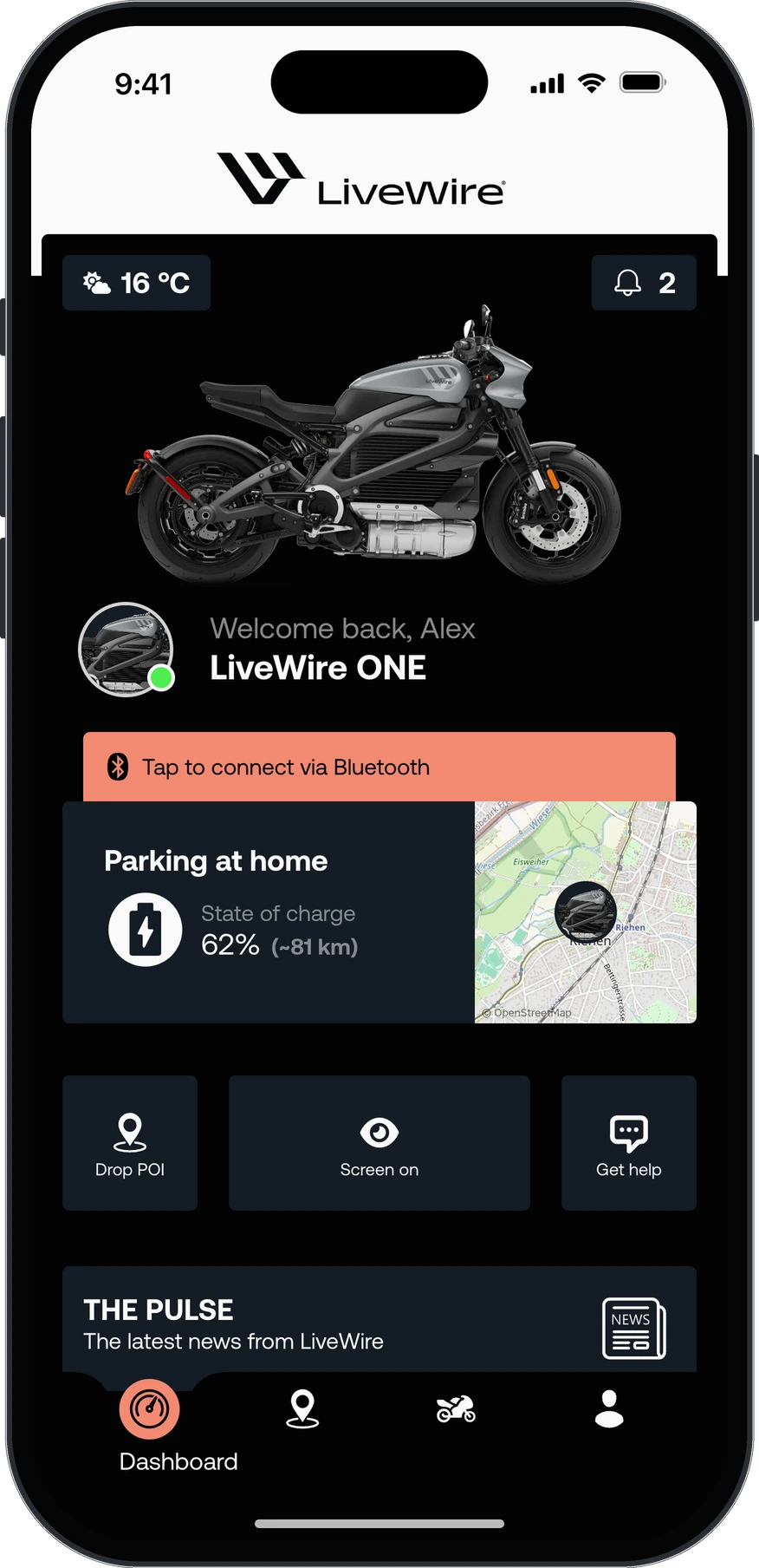Driver app under the LiveWire brand: the same LiveWire ONE parked at home