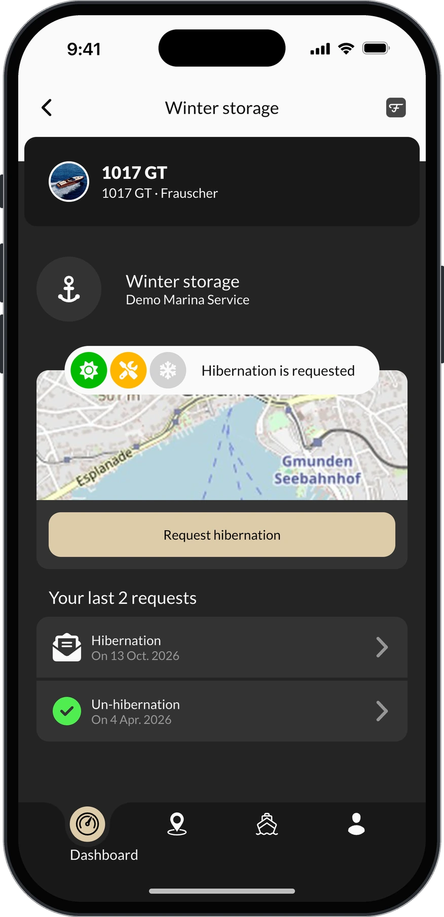 Driver app: winter storage for a boat, requested by the owner, with the boat on the map and the earlier requests