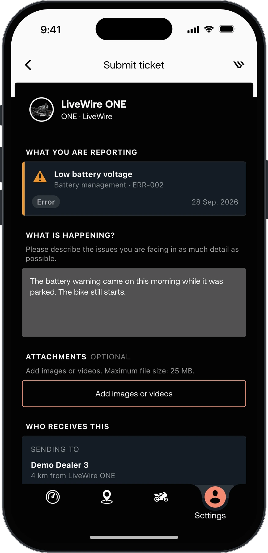 Driver app: a support ticket for the motorcycle, with the error attached and the dealer chosen as receiver