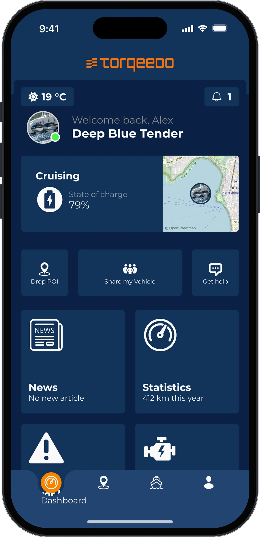 Driver app under the Torqeedo brand, on an electric outboard