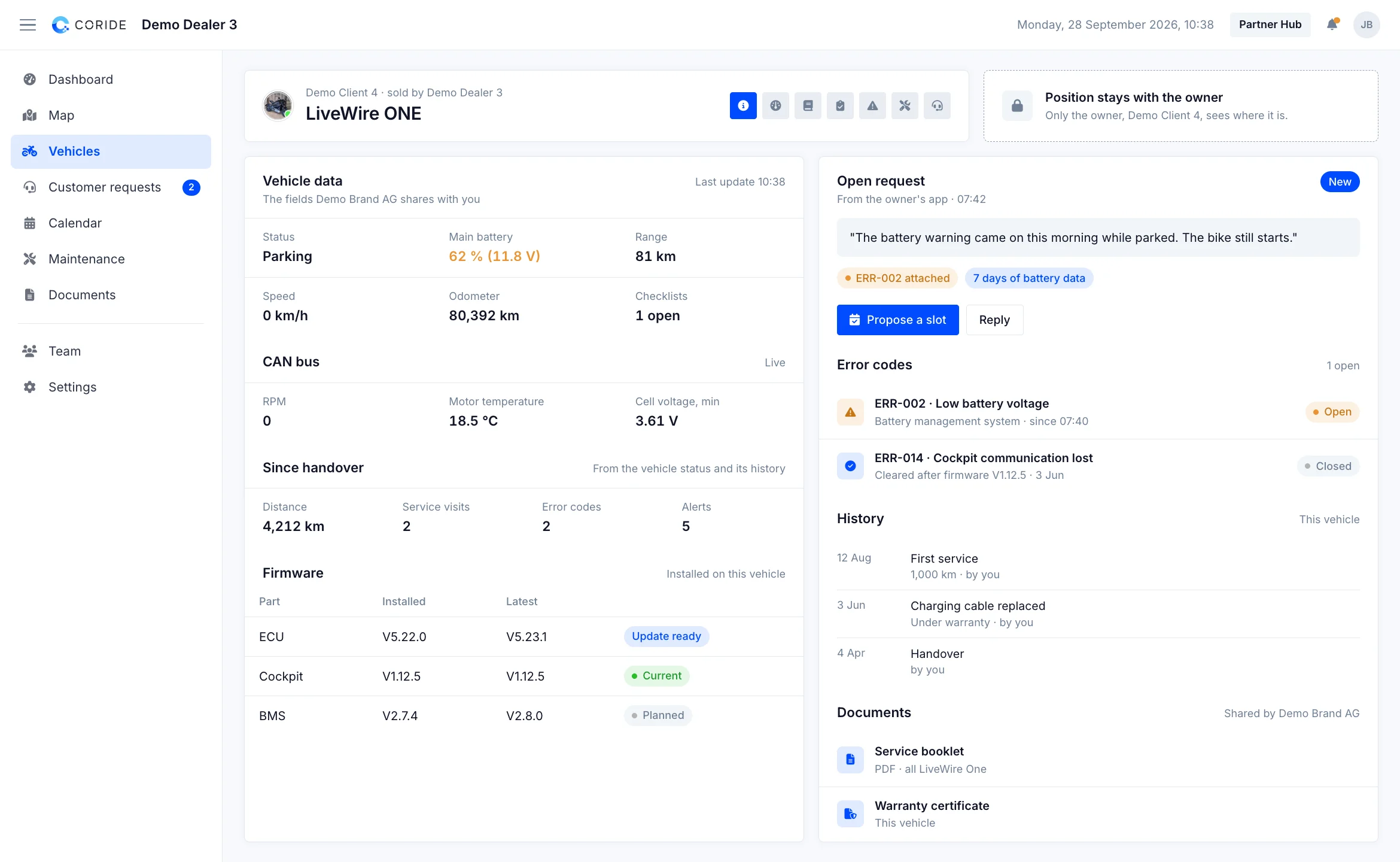Partner Hub, dealer view of a connected LiveWire ONE: its data, CAN bus values, error codes, firmware and the owner's request. The position stays with the owner.