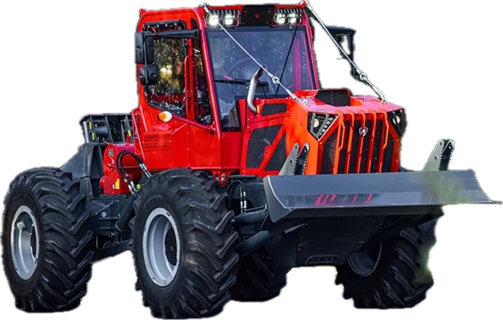 The IRUM Trailster E4x4, a red electric forestry tractor with a front blade